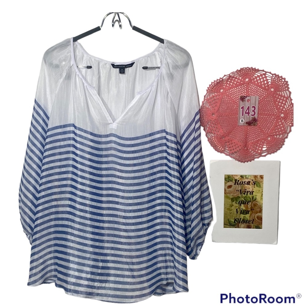 Zac & Rachel White and Blue Stripped 3/4 Sleeve Blouse 2x